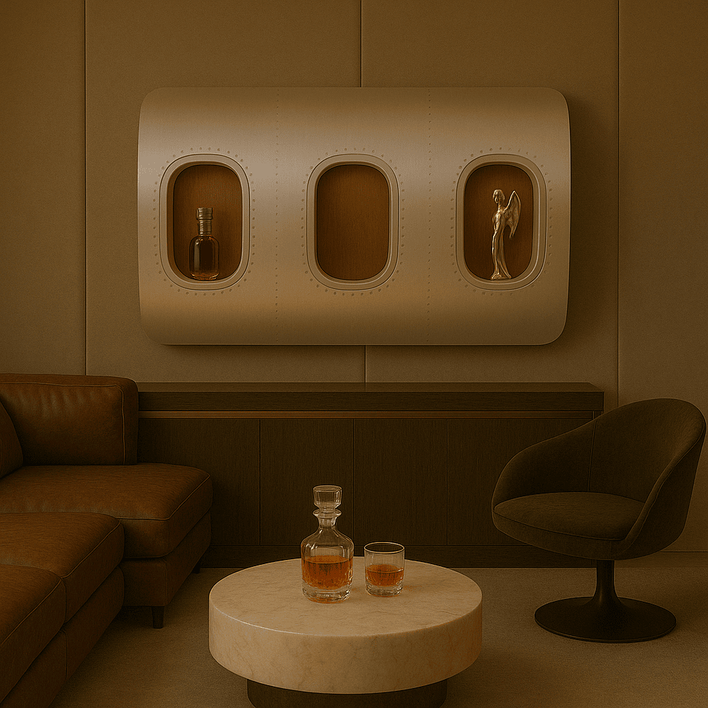 Modernes Wohnzimmer mit braunem Ledersofa, dunklem Drehsessel und rundem Marmor-Beistelltisch mit Karaffe und Glas