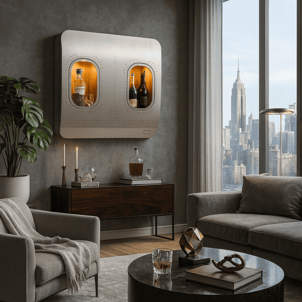 Modernes Wohnzimmer mit metallischem Wandschrank im Flugzeugfenster-Design, beleuchtet, EGGRU-Flasche und stilvolle Möbel.