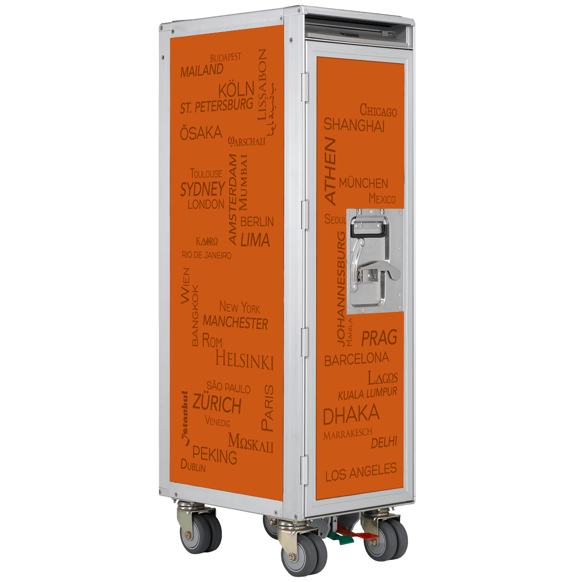 Oranger Flugzeug-Trolley aus Metall mit Stadtnamen wie Budapest, Sydney, Chicago und Los Angeles.