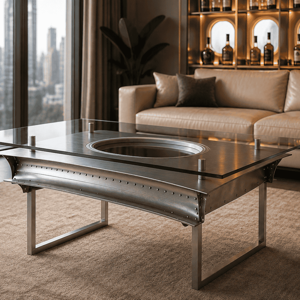 Compact designer coffee table as elegant centerpiece in luxury living room with beige sofa and city view