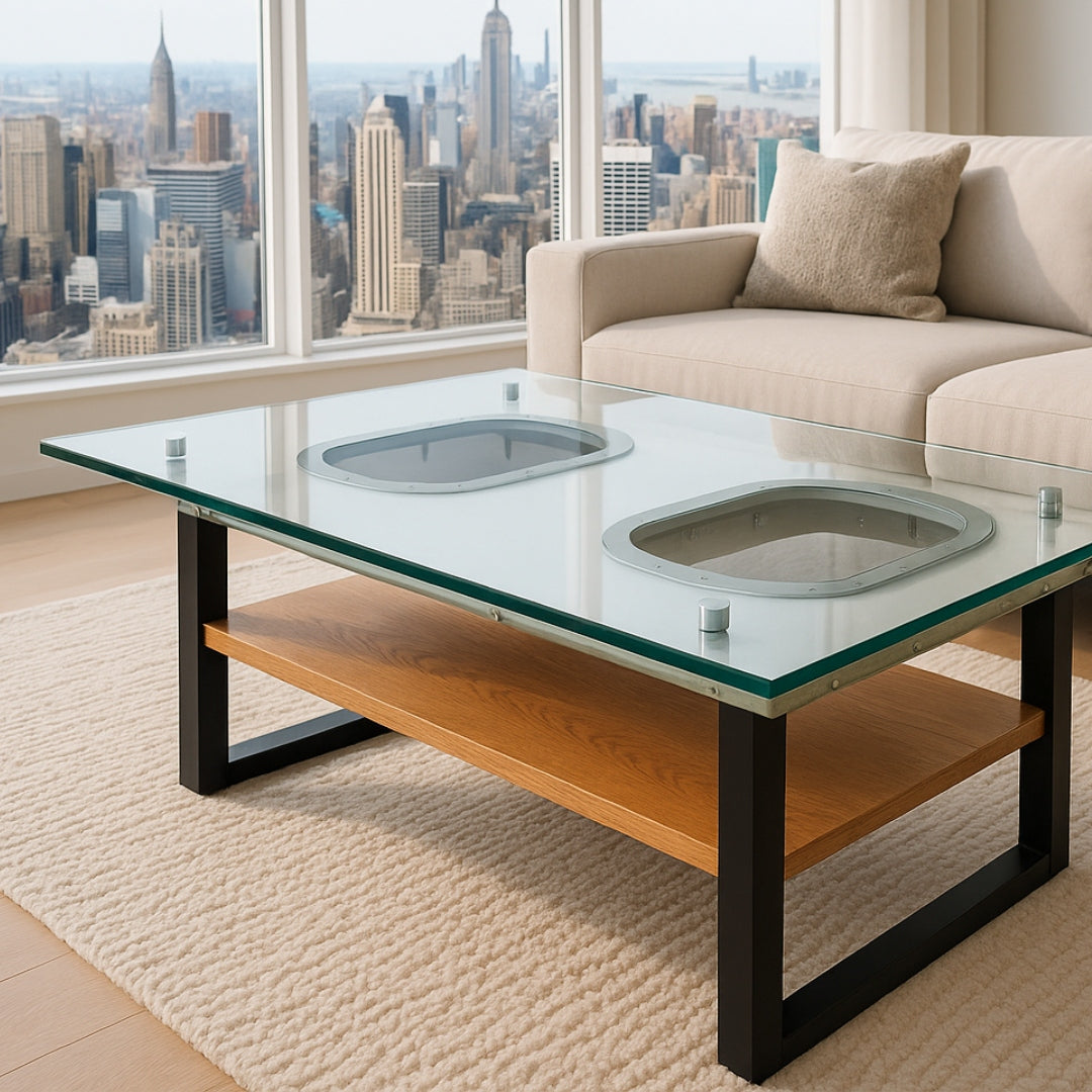 Moderner rechteckiger Couchtisch mit Glastischplatte, schwarzen Metallbeinen und Eichenholzablage vor einem beigen Sofa.