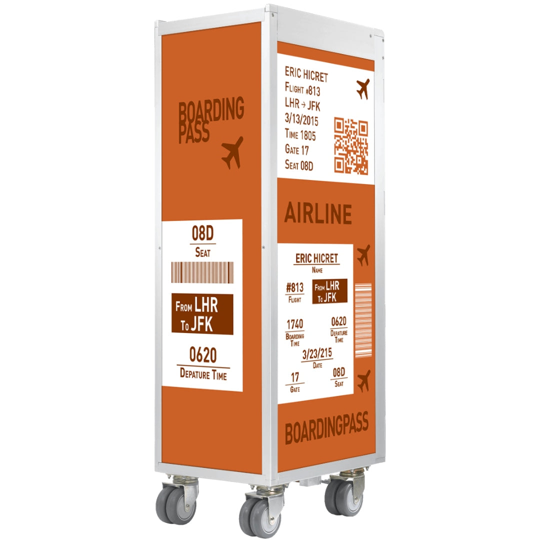 Rechteckiger Transportwagen mit Metallrahmen und orangefarbenen Paneelen, verziert mit Flugdetails-Grafiken.