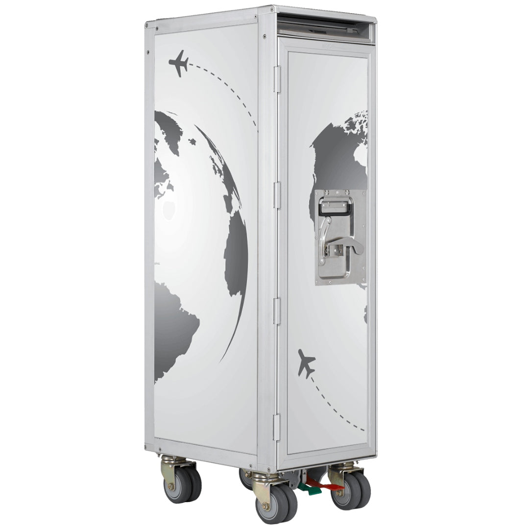 Rollwagen mit Metallrahmen und Weltkartensilhouetten, bremsbaren Rollen und Griff