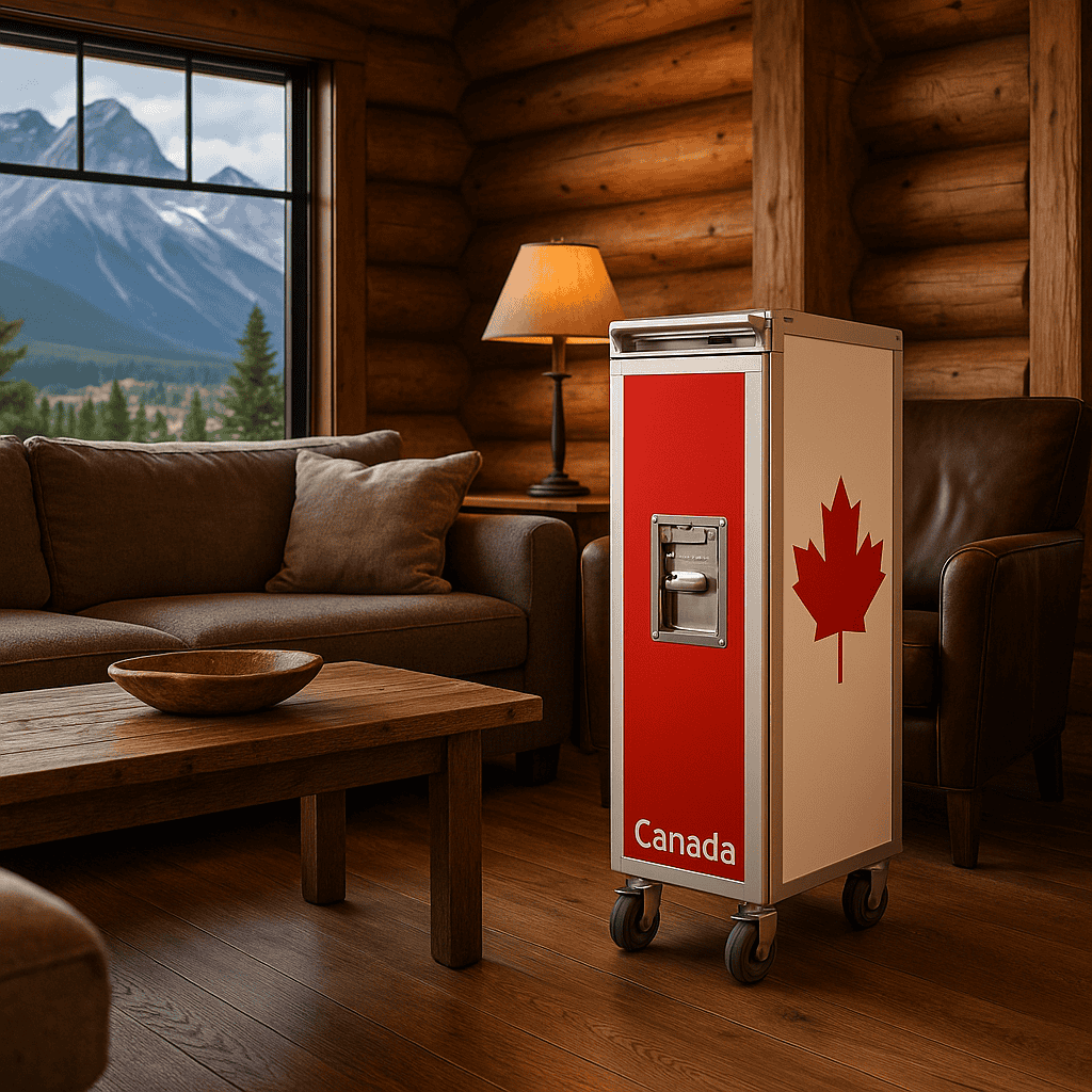 Roter und weißer Metallwagen mit Ahornblatt-Logo in einem Wohnzimmer mit braunem Sofa und Bergblick.