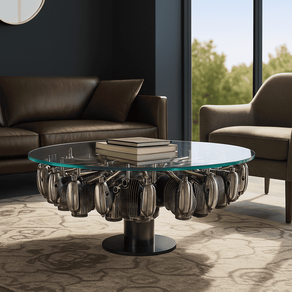 Runder Glastisch mit Fuß aus Flugzeug-Motorkomponenten, umgeben von Sesseln in modernem Wohnzimmer.