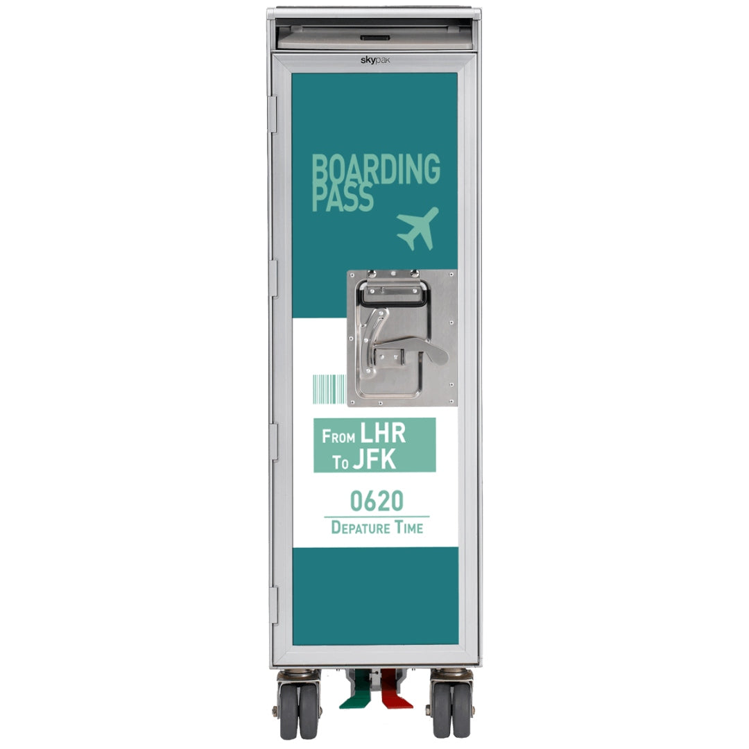 Schlanker Metalltrolley mit Bordkarte-Design von LHR nach JFK, Handverschluss und vier Rollen mit Fußpedalen.
