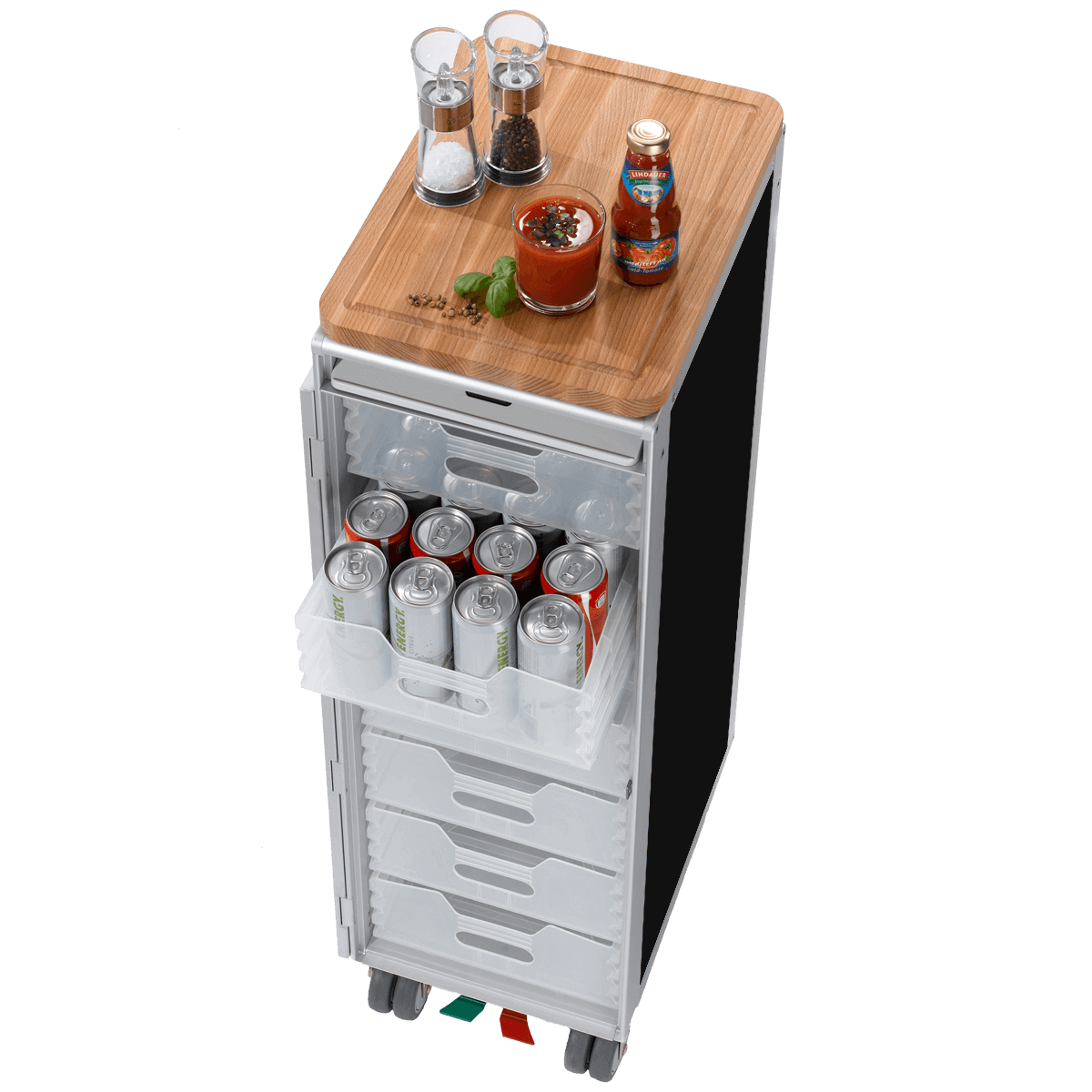 Schmaler, hoher Lagerwagen mit Rollen, Holzoberfläche, weißen Kunststoffschubladen und schwarzer Seitenwand.