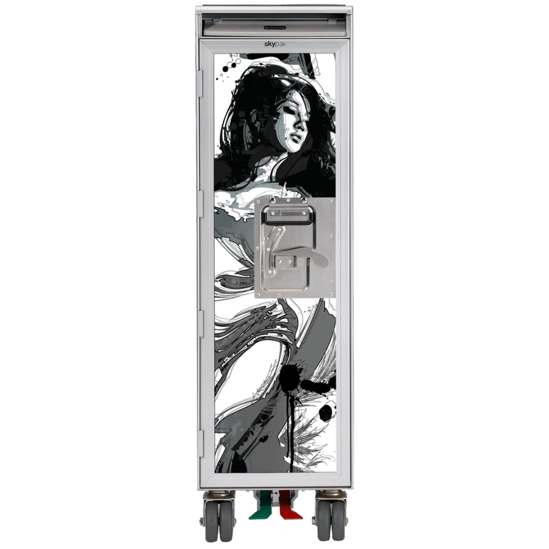 Schmaler metallener Airline-Trolley mit schwarz-weißer Frauenkopf-Illustration