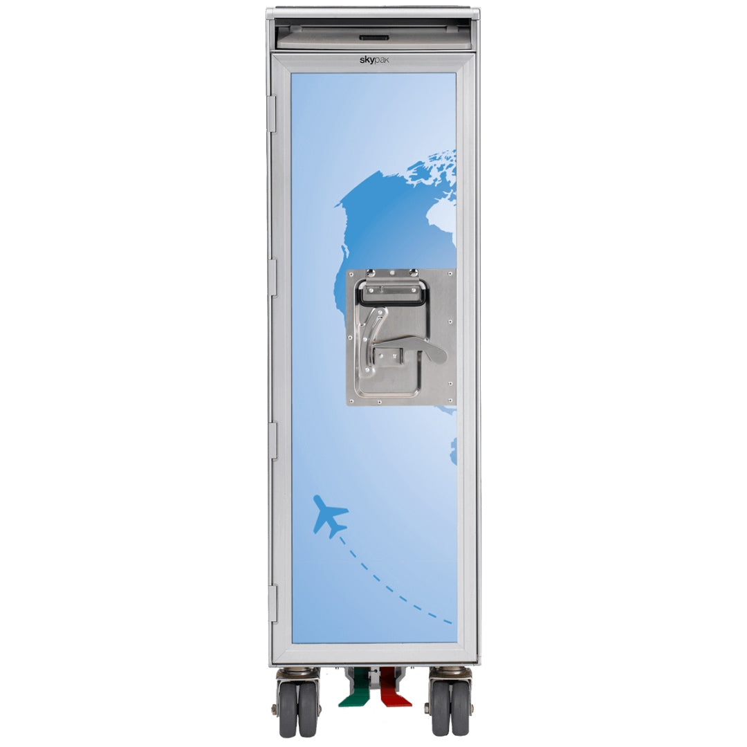Schmaler silberner Airline-Trolley mit Nordamerika-Karte, Flugzeugsymbol und zentralem Griff auf vier Rollen.