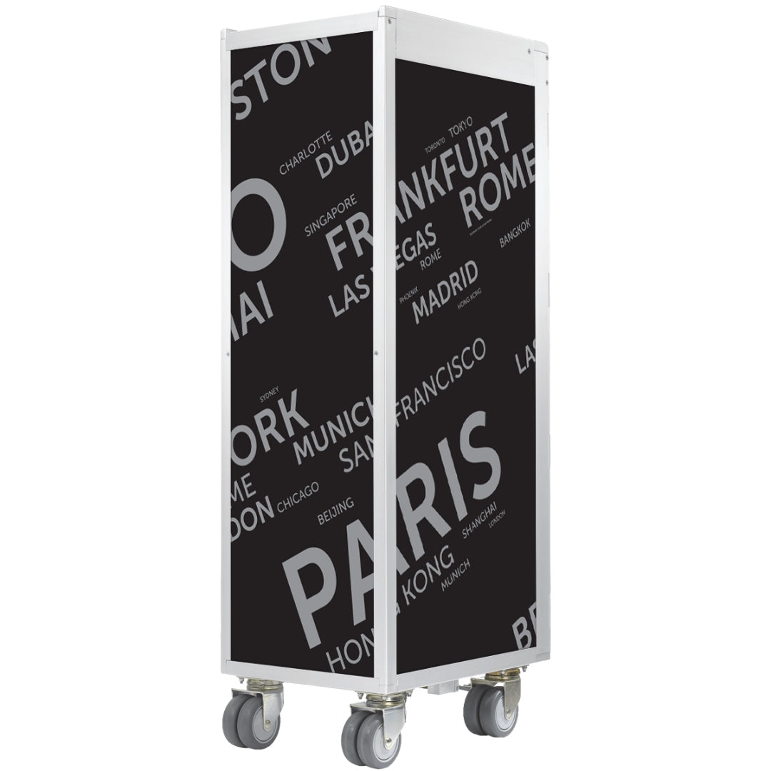 Schwarzer mobiler Designer-Schrank auf Rollen mit weißen Kanten und grauen Städtenamen wie Paris und Rom.