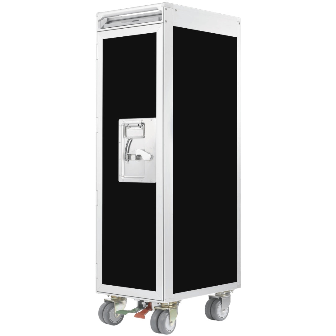 Black Skypak airline trolley with silver metal corners and lockable braked wheels for home bar