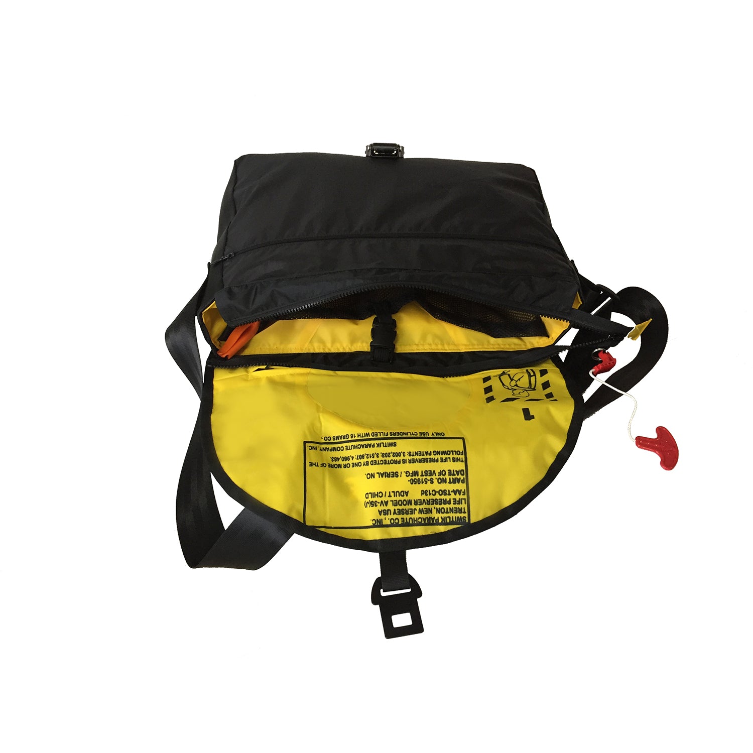 Gelbe und schwarze Schwimmweste AV-35 mit Gurten, Schnallen und rotem Zuggriff. Hersteller Switlik Parachute Co.