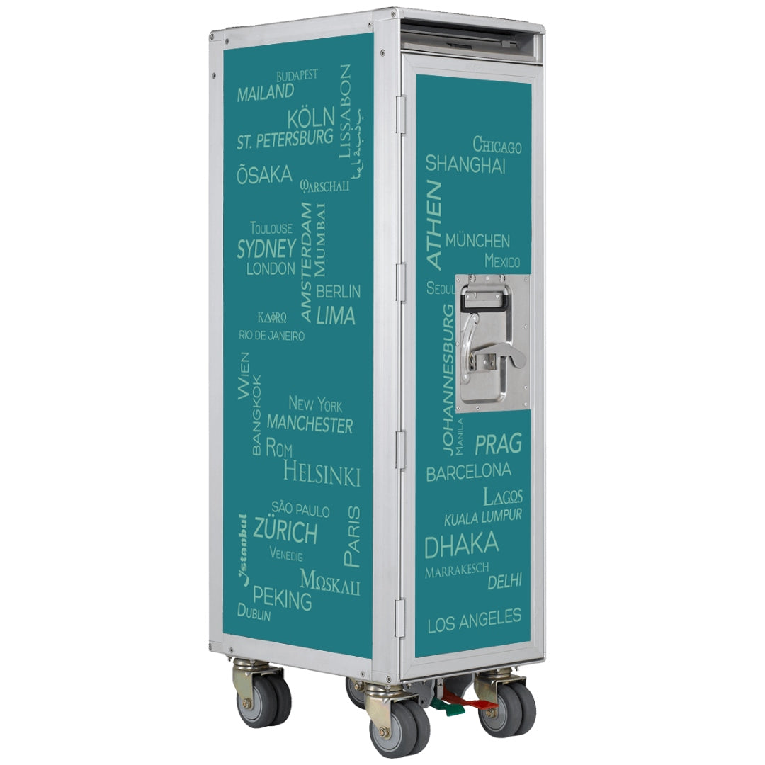Silberner Airline-Trolley mit türkisfarbenen Paneelen und Städtenamen-Aufdruck, stabile Rollen mit Schloss.