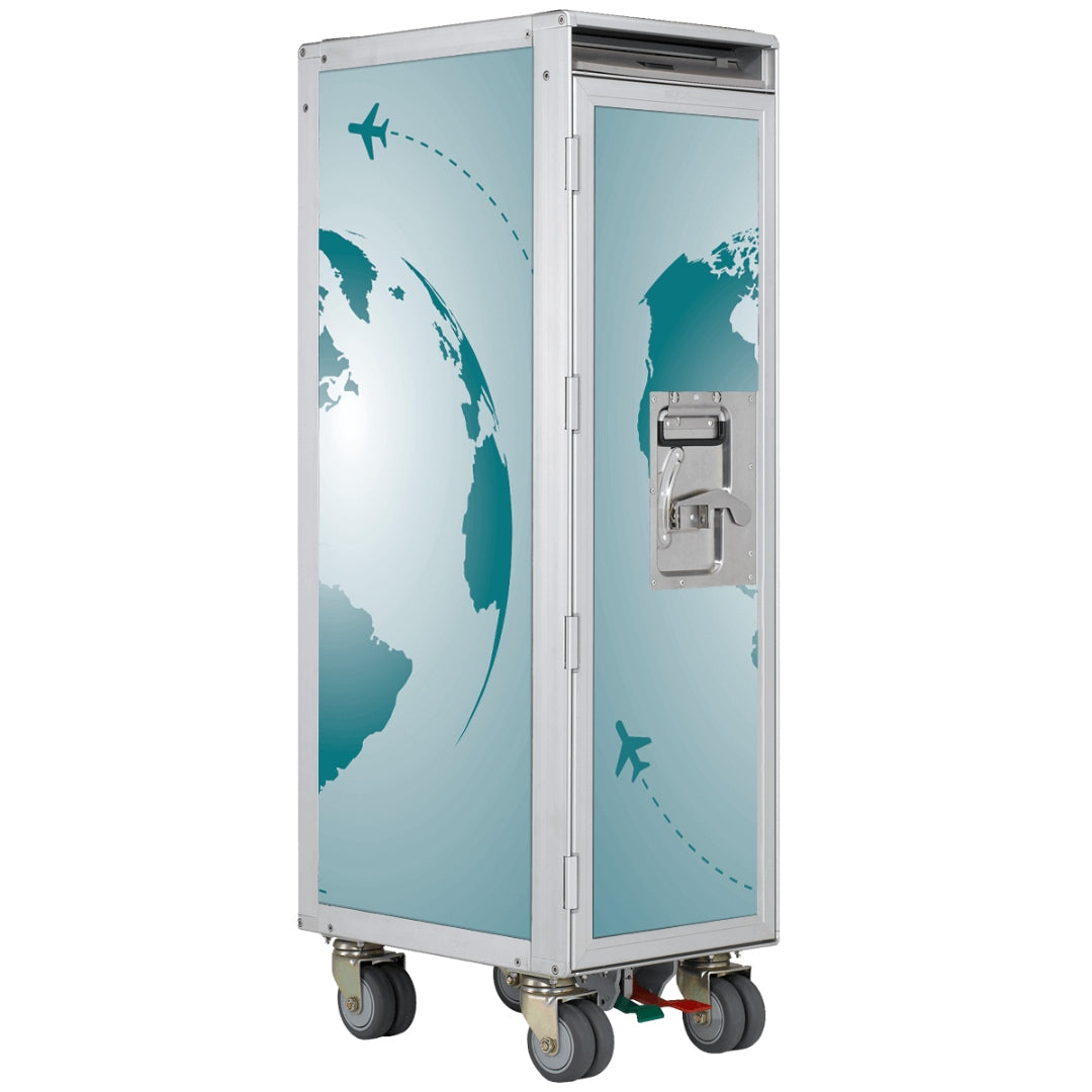 Silberner Aircraft Catering Trolley aus Aluminium mit Rollen und blau-weißem Dekor.