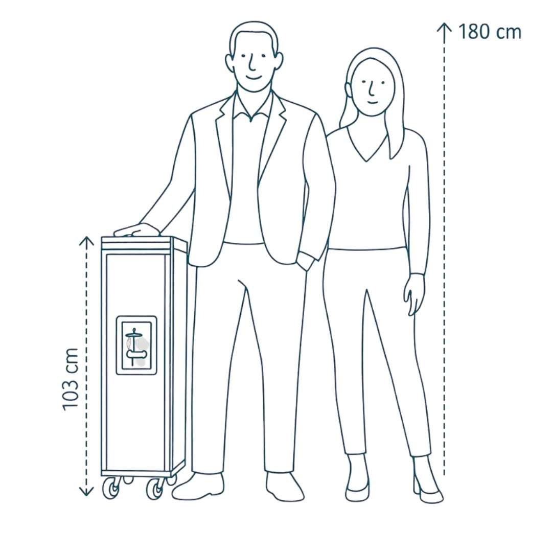 Size reference sketch showing La Barrique Cooler Premium Edition at 96 cm height alongside adult figures