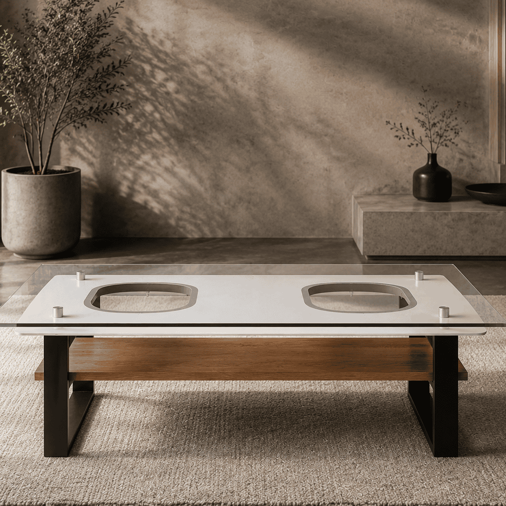 Front view of the Skypak SKYLINE aircraft coffee table with two aircraft windows, glass top and oak shelf in a refined modern living space