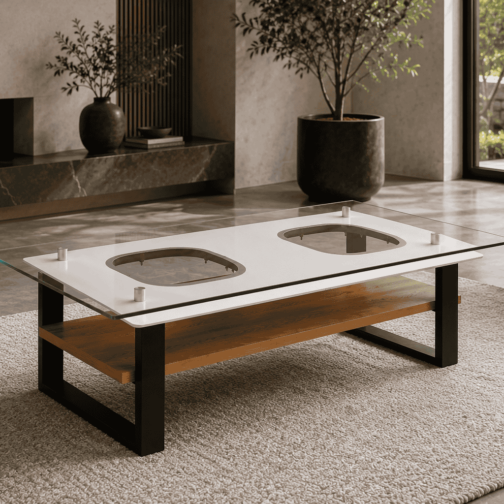 Skypak SKYLINE aircraft coffee table with two aircraft windows, glass top and oak shelf in a modern luxury living room