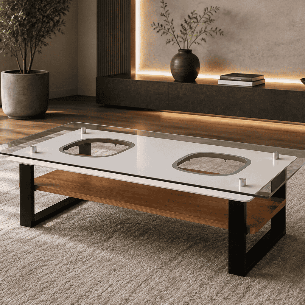 Skypak SKYLINE coffee table featuring two aircraft windows, a clear glass top and warm oak shelf in an elegant contemporary interior
