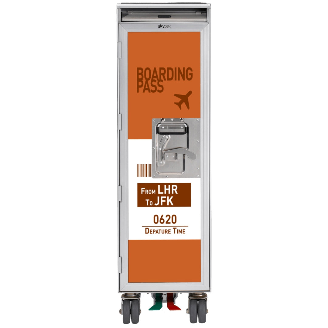 Eleganter Skypak Airline-Trolley mit Boarding-Pass-Design, Edelstahlverschluss und farbigen Bremsen.