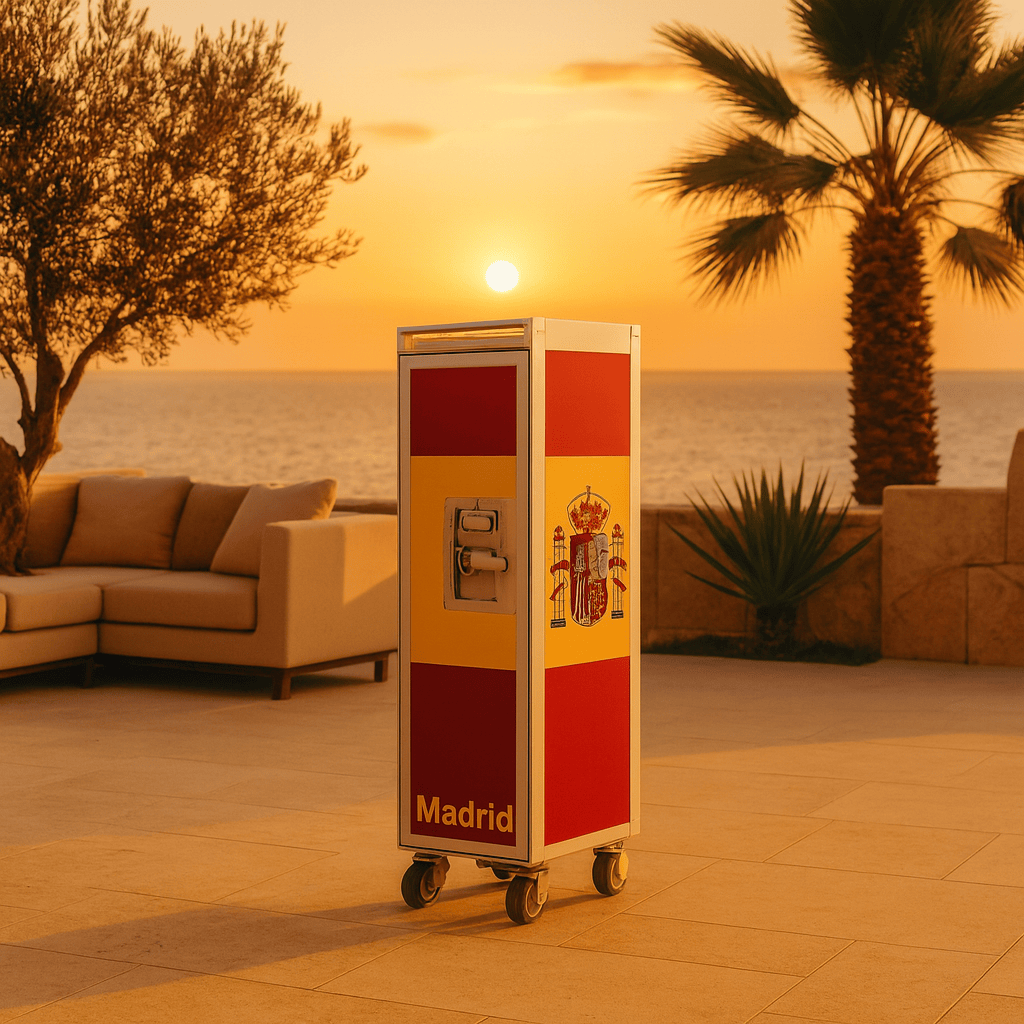 Skypak Airline Trolley mit spanischer Flagge und Schriftzug Madrid auf Patio mit Meerblick bei Sonnenuntergang.