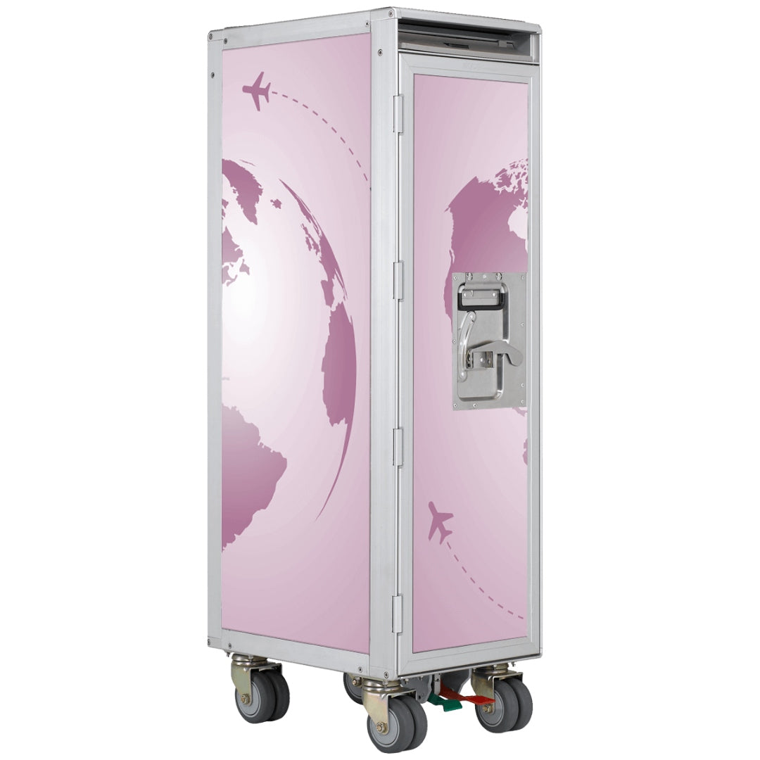 Ein hochwertiger Skypak Airline Trolley aus Metall mit rosa Paneelen und lila Globus-Silhouetten.