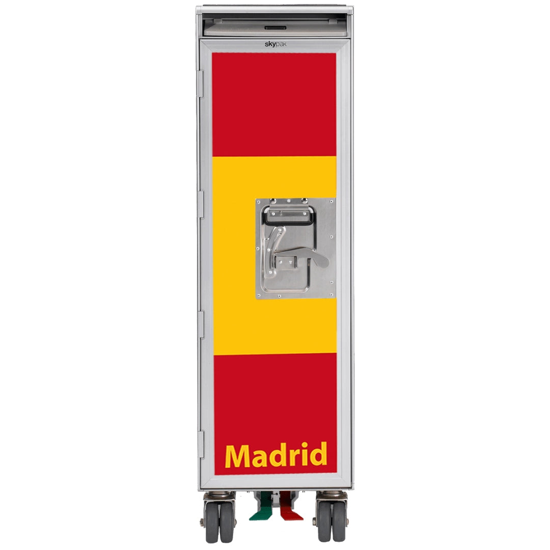 Skypak Airline Trolley mit spanischer Flagge und Madrid Schriftzug, rollbar auf vier Rollen