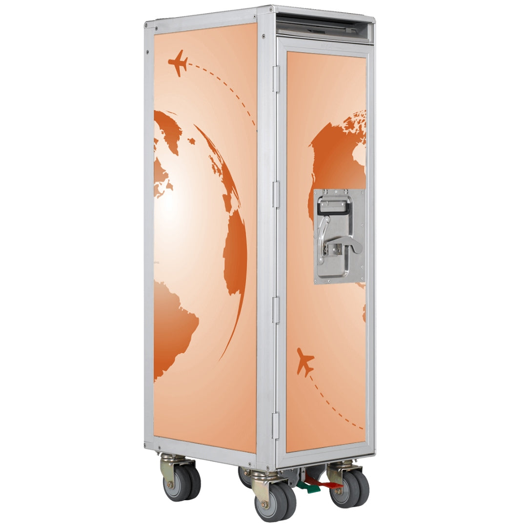 Rechteckiger Skypak Airline-Trolley mit orangefarbenen Weltkartenpanelen und Flugzeug-Symbolen auf Rollen