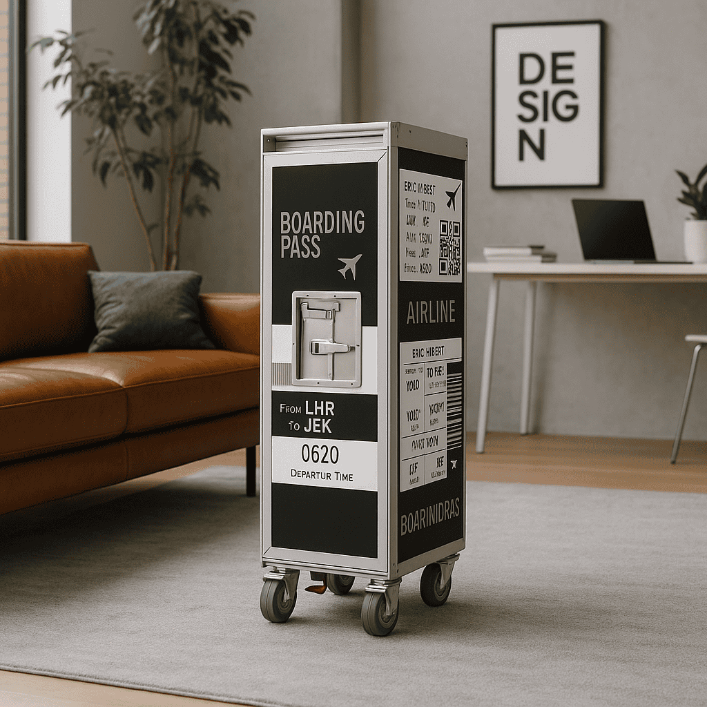 Moderner Raum mit Skypak Airline Trolley in Form einer Bordkarte, braunem Ledersofa und Zimmerpflanze.