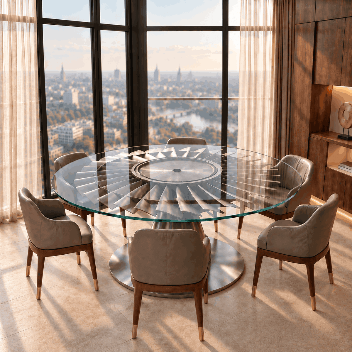 Skypak INTAKE dining table with aircraft engine fan and glass top in a contemporary dining interior