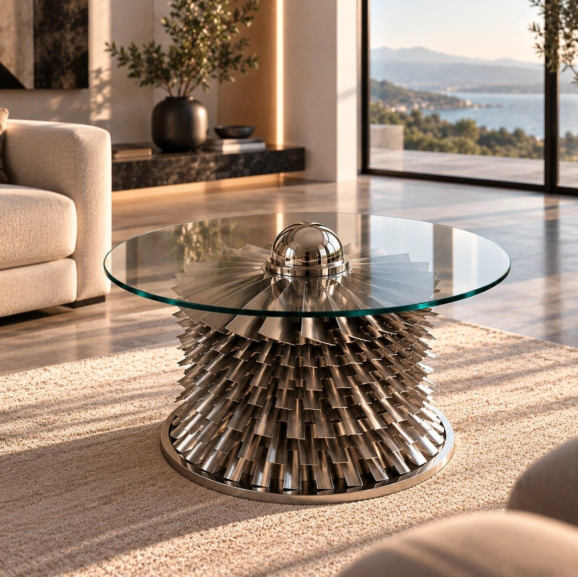 Ivchenko AI-24 compressor coffee table with polished turbine blades and round glass top in a luxury living room