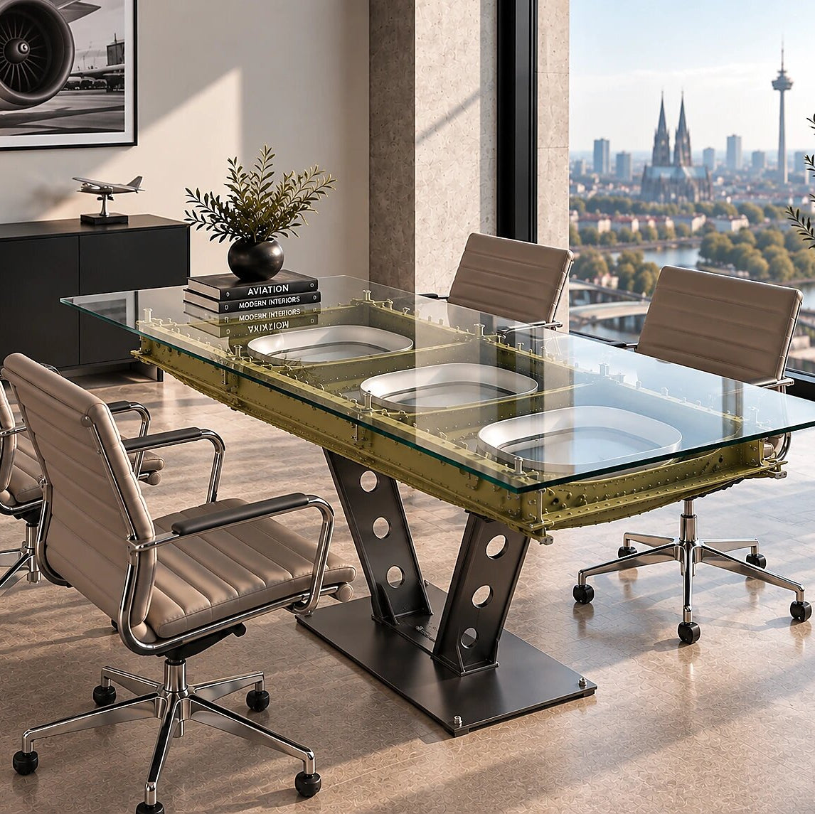 Statement conference table with three aircraft windows under glass top as extraordinary collectible centerpiece