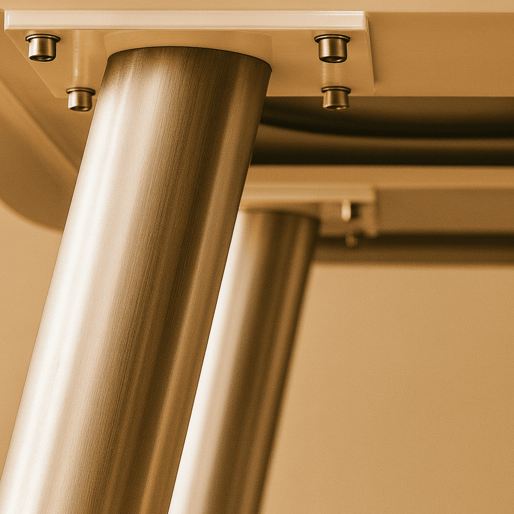 Underside detail of SLOT aircraft window table revealing original fuselage structure rivets and craftsmanship