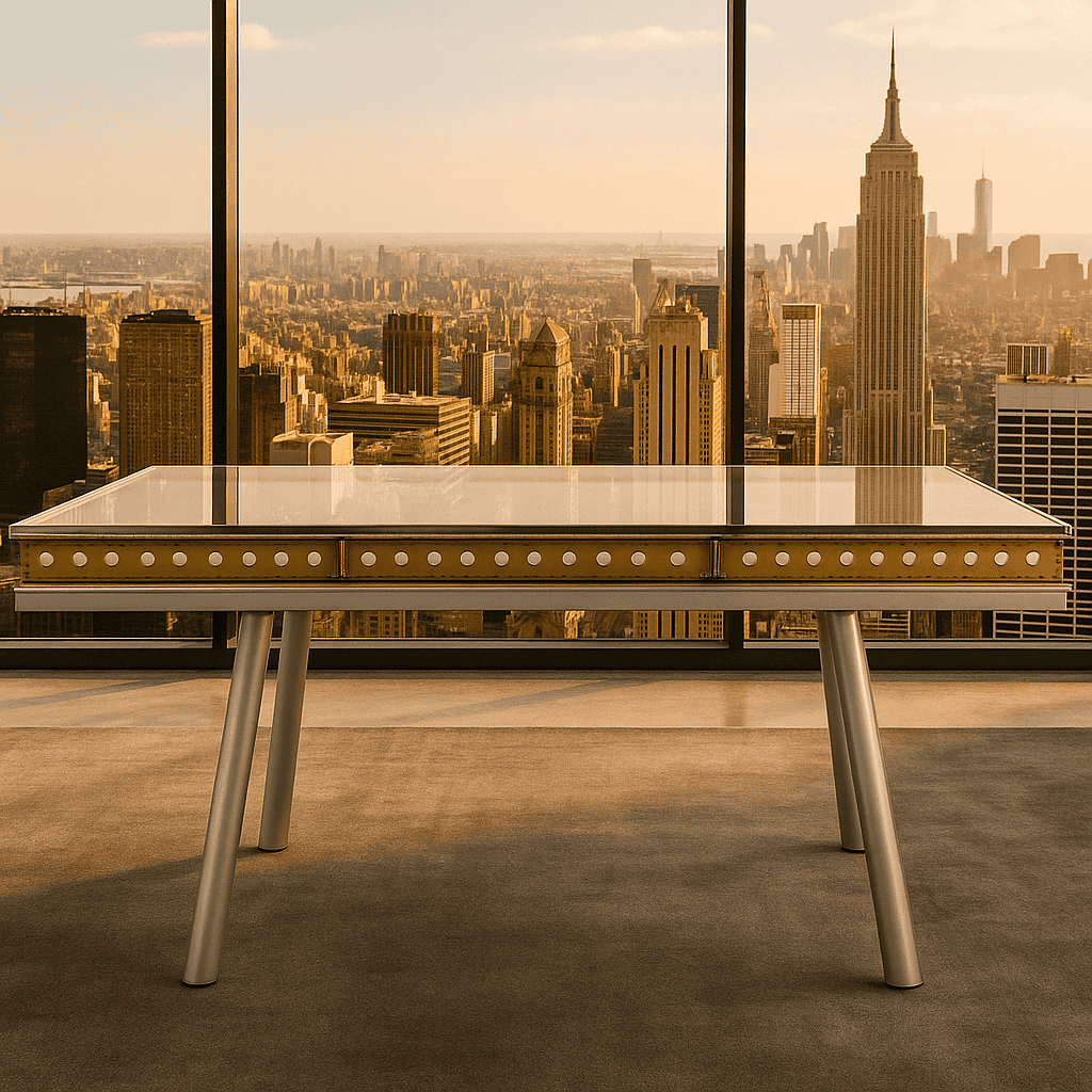 SLOT conference table frontal view showing three aircraft window segments under glass with sculptural leg base
