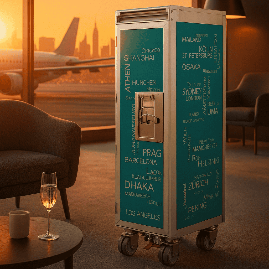 Teal Airlines Trolley mit Städtenamen vor Fenster, Flugzeugflügel, Sonnenuntergang in stilvoller Lounge