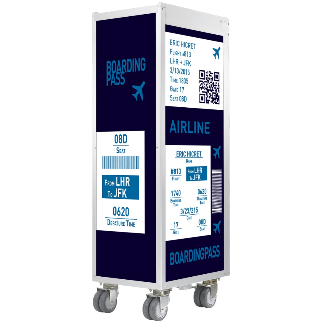 Wagen im Design einer Flugsteckkarte mit Passagierdetails von Eric Hicret, Flug 813 von LHR nach JFK.