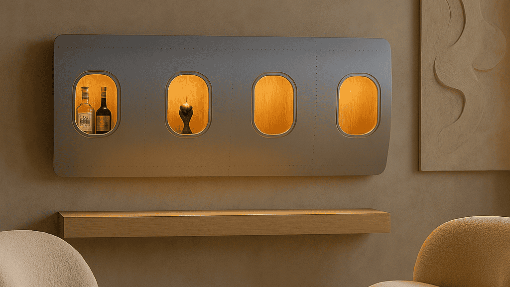 Wanddisplay mit vier beleuchteten ovalen Flugzeugfenstern, Flaschen, Kerze, Holzregal, beige Stühle, abstraktes Wandrelief