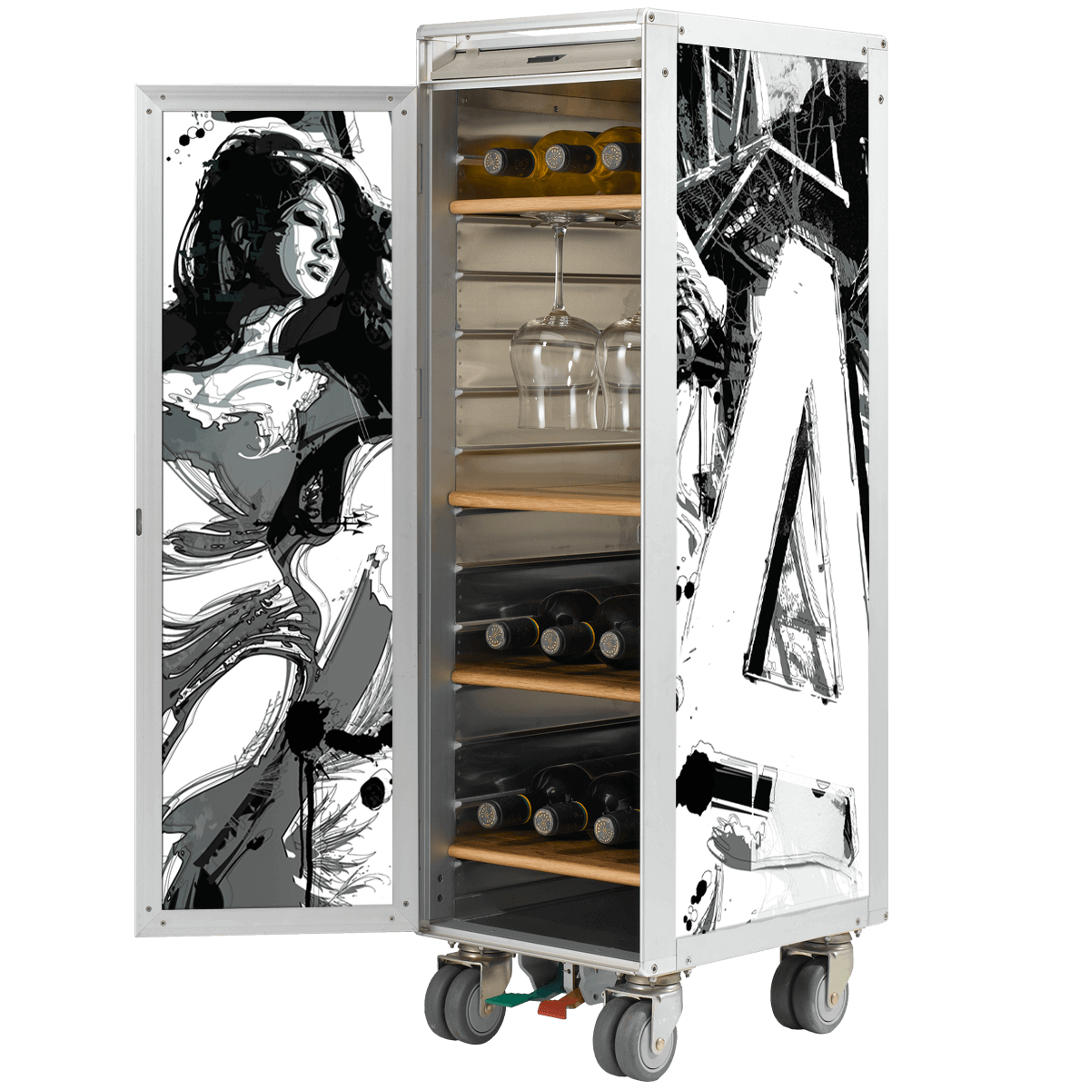 Hochschrank aus Metall auf Rollen mit Weinflaschen und hängenden Gläsern. Innentür mit Schwarz-Weiß-Illustration einer Frau.