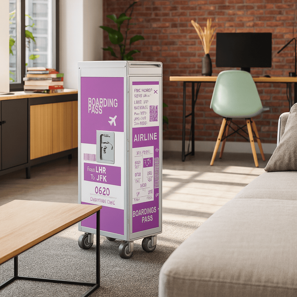 Weiß-lila Skypak Airline-Trolley mit Boarding Pass Grafik in modernem Arbeitszimmer mit grünem Stuhl und hellen Holzmöbeln.