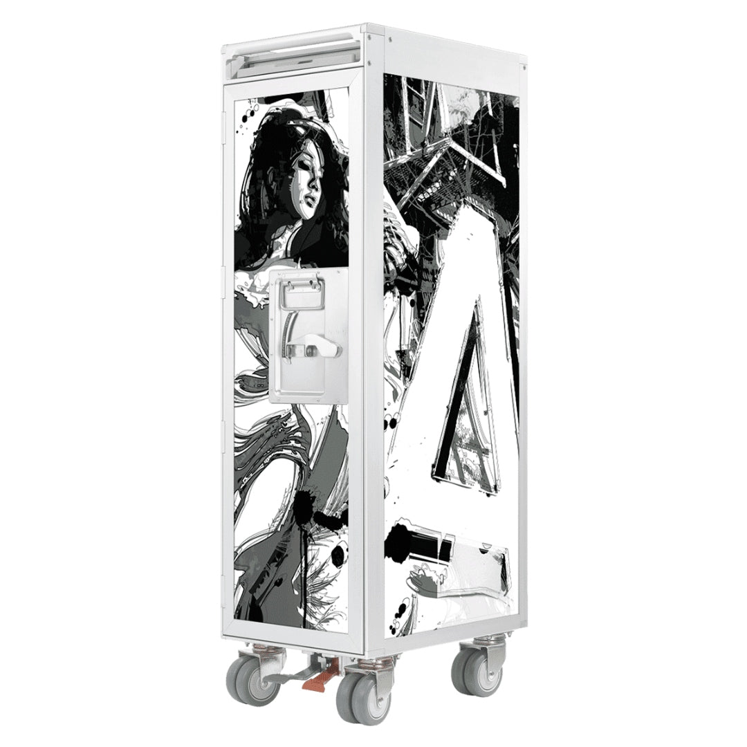 Weißer mobiler Airline-Trolley mit künstlerischer Frauengesicht-Grafik und großer Nummer 4