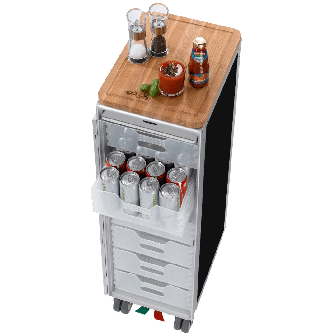 Black airline trolley with transparent drawers for drinks as rolling kitchen cart for home