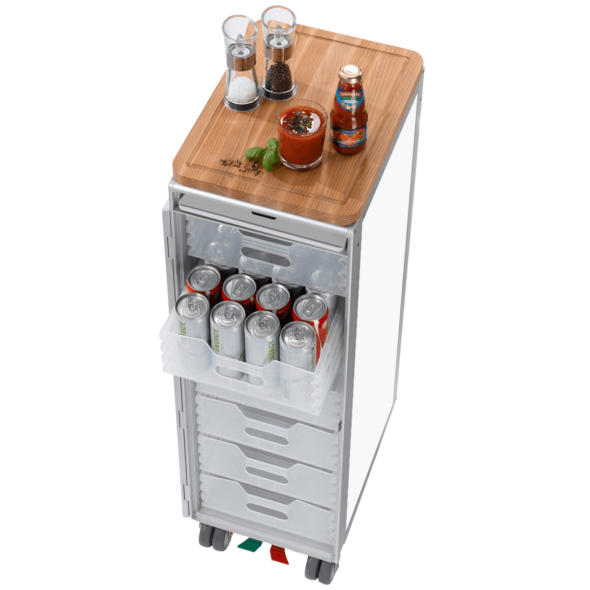 Weißer mobiler Aufbewahrungswagen mit transparenten Schubladen, Holzplatte und Getränken