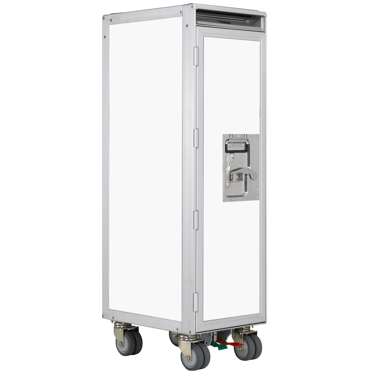 Schmaler weißer Metallservierwagen mit Türverschluss und farbigen Fußpedalen auf Rollen für Mobilität.