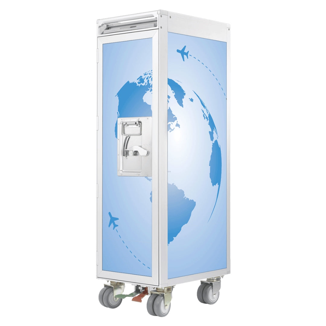 Weißer rechteckiger Metalltrolley mit Globus- und Flugzeuggrafik, Griff, Verschluss und Rollen.