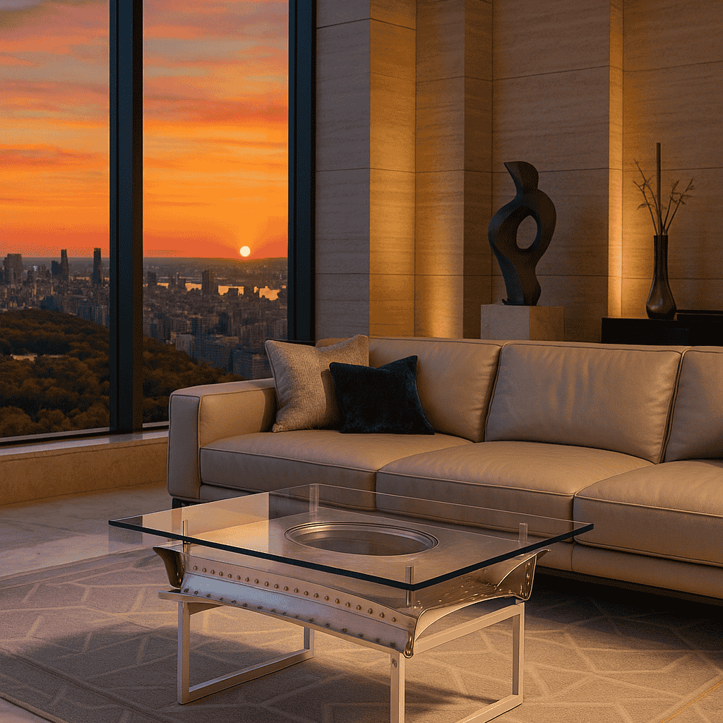 Modernes Wohnzimmer mit Glas-Couchtisch, beigem Ledersofa, Skulptur und Stadtblick bei Sonnenuntergang.