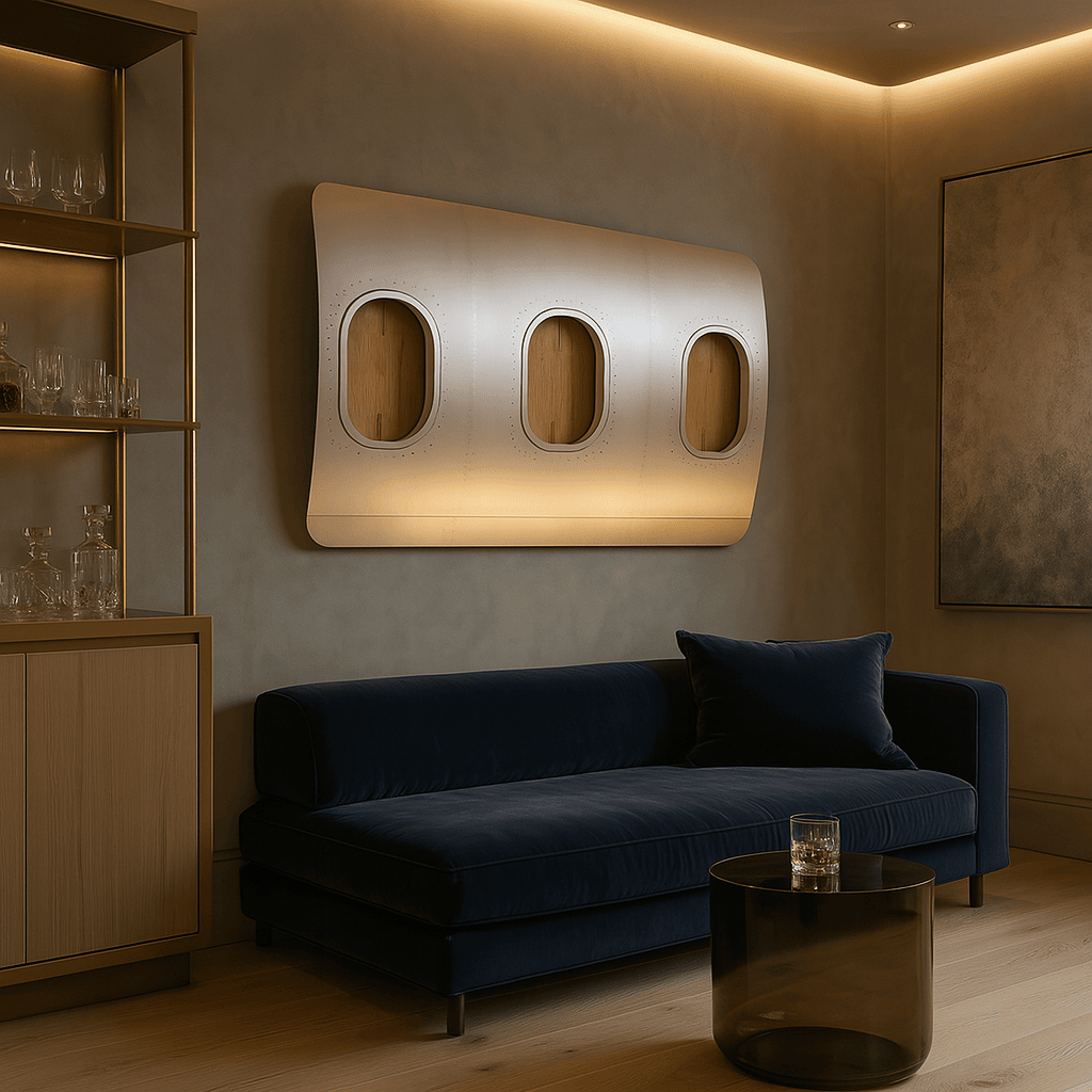 Wohnzimmer mit warmem Licht, navyblauem Samtsofa, metallic Wandkunst im Flugzeugfenster-Stil, rundem Glastisch und Vitrine