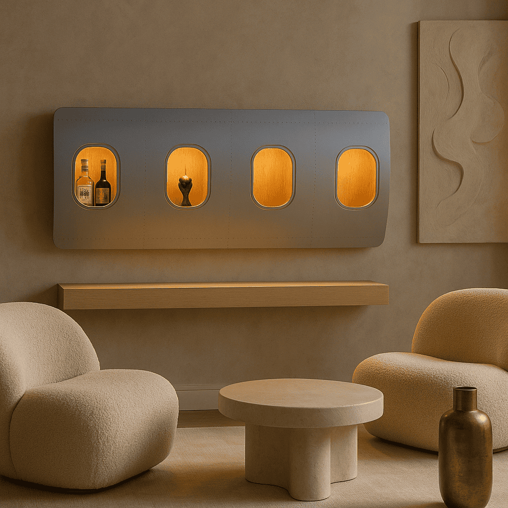 Wohnzimmer mit wandmontiertem Paneel in Flugzeugfensteroptik, beigen Sesseln und rundem Couchtisch