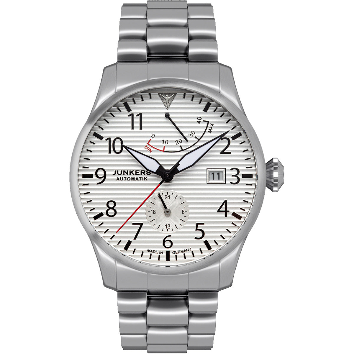 Junkers Flieger Gangreserve Silber mit Metallarmband