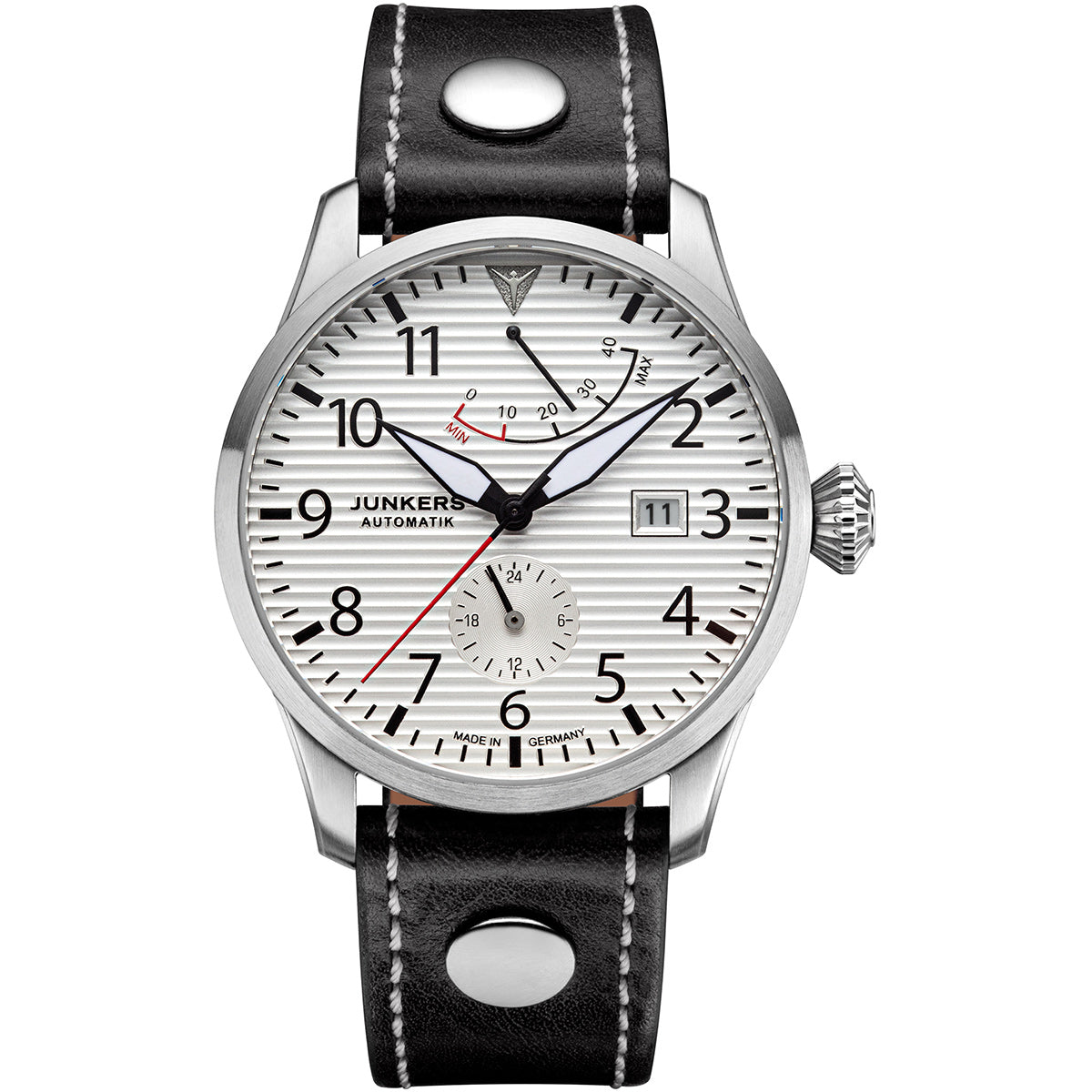 Junkers Flieger Gangreserve Silber mit Lederarmband