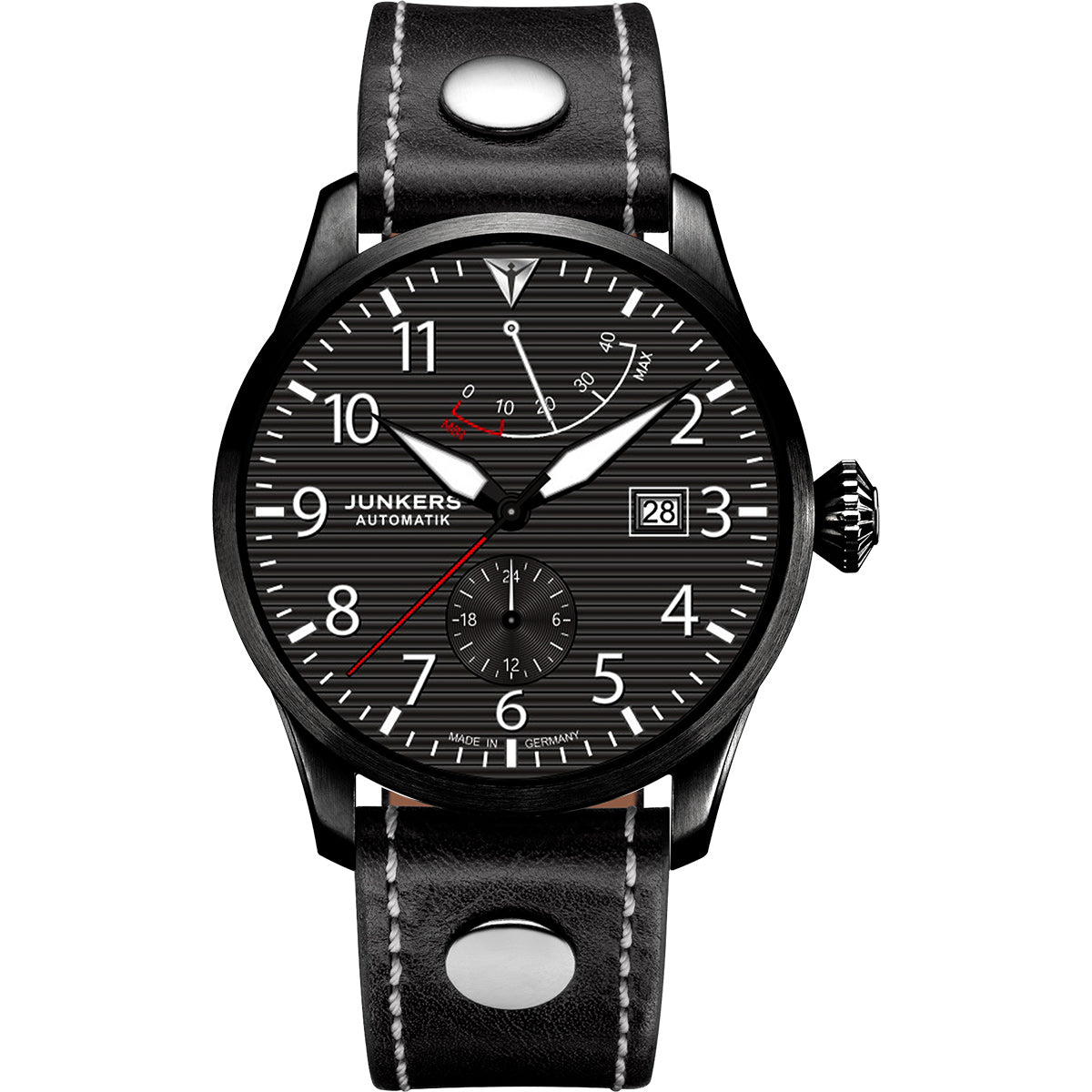 Junkers Flieger Gangreserve Schwarz mit Lederarmband