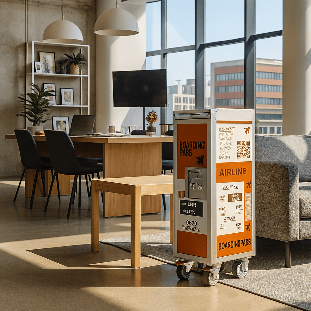 Moderner Wohnraum mit großem Fenster und Stadtblick, mit einem orange-weißen Airline-Trolley im Boarding-Pass-Design, umgeben von Holztisch, schwarzen Stühlen, grauem Sofa und Pflanzen